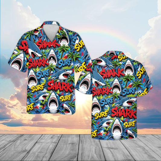 Matching family shark surf hawaiian shirt with blue background and cartoon shark print, main view
