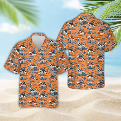 Shark surfing skeleton hawaiian shirt in black, front view
