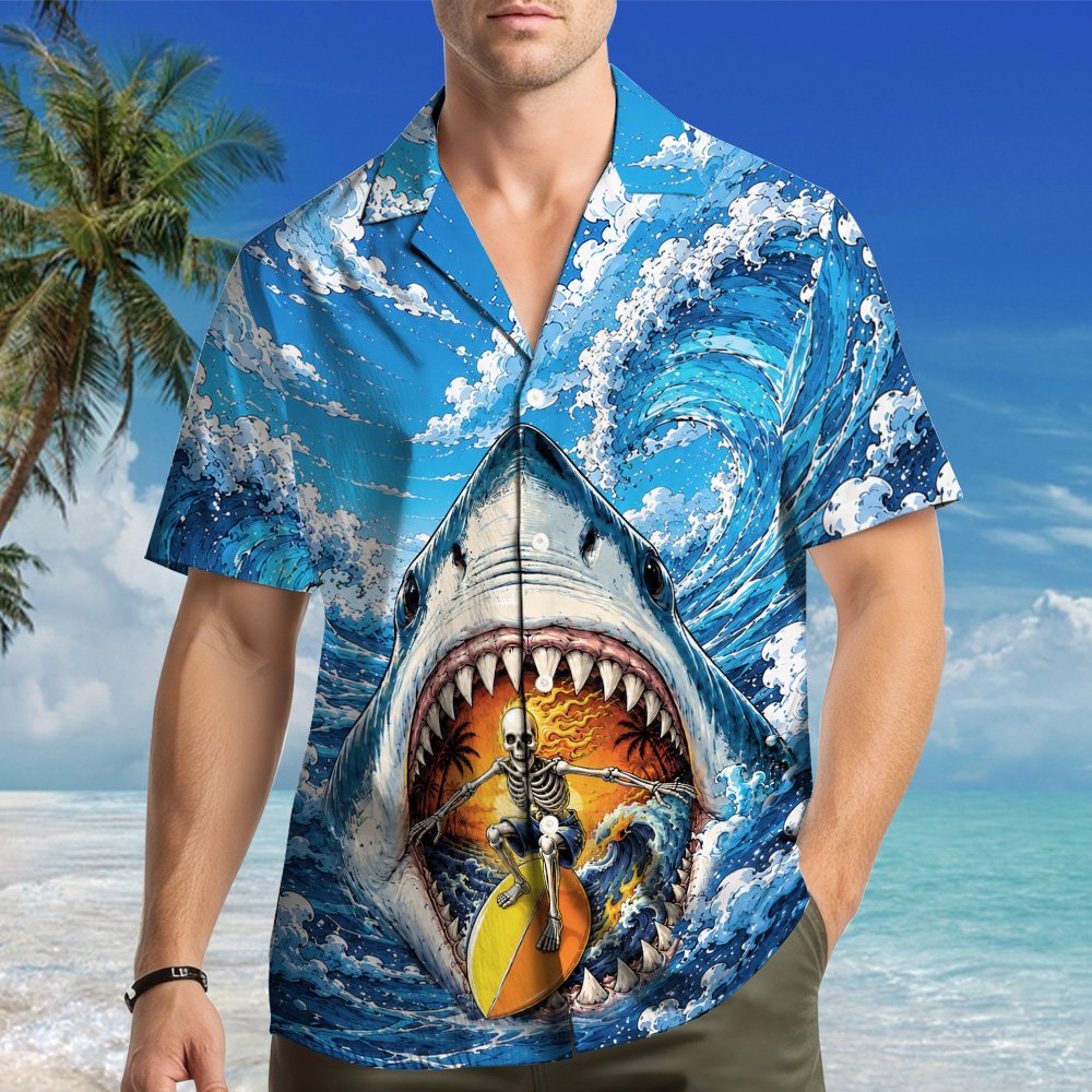 Close up back view of the surfing skeleton hawaiian shirt