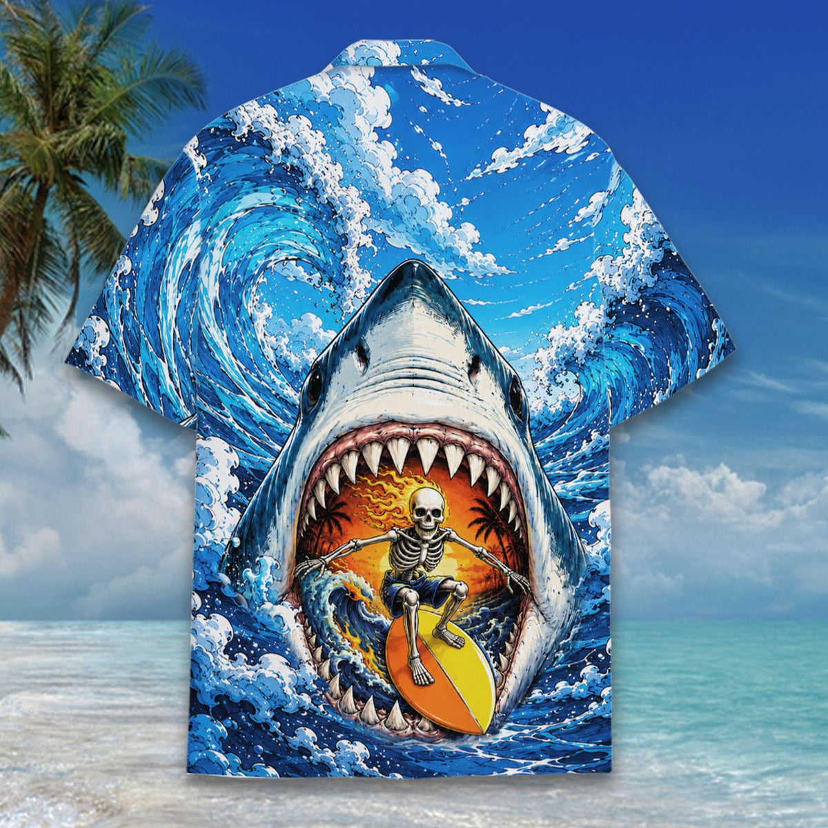 Back view of the blue shark hawaiian shirt
