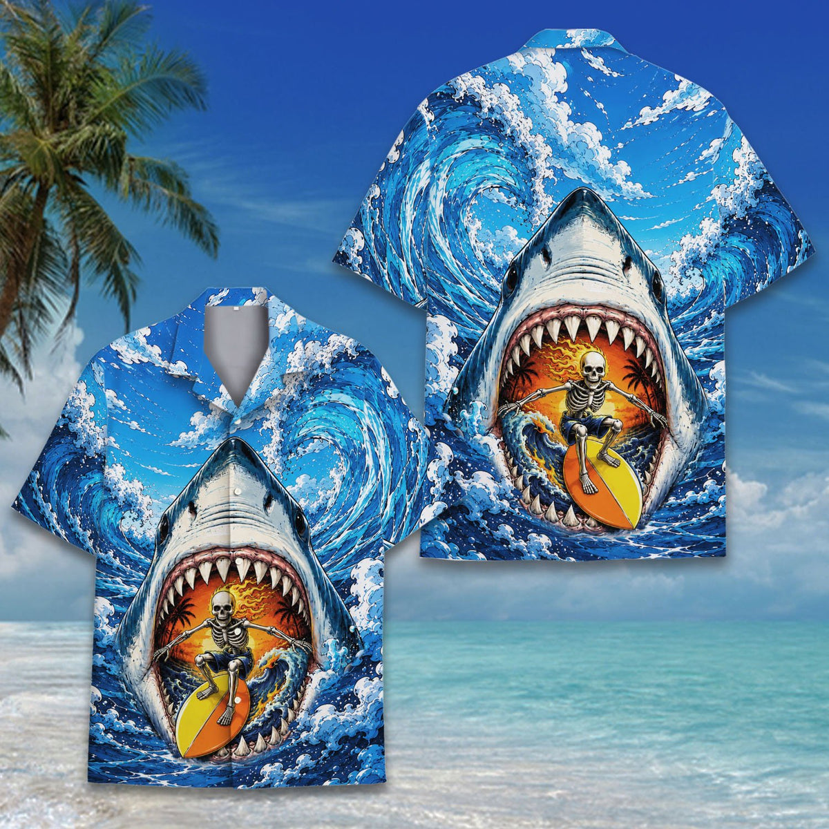 Close up front view of shark surfing skeleton hawaiian shirt