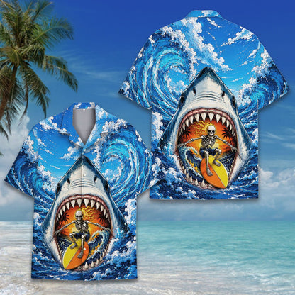 Close up front view of shark surfing skeleton hawaiian shirt