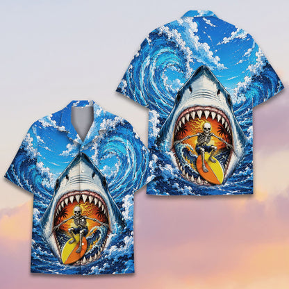 Another front view of the blue shark hawaiian shirt