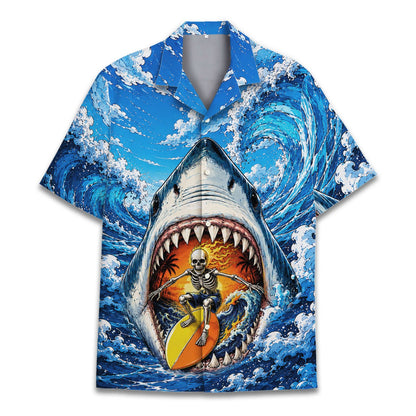 Full front view of the shark hawaiian shirt