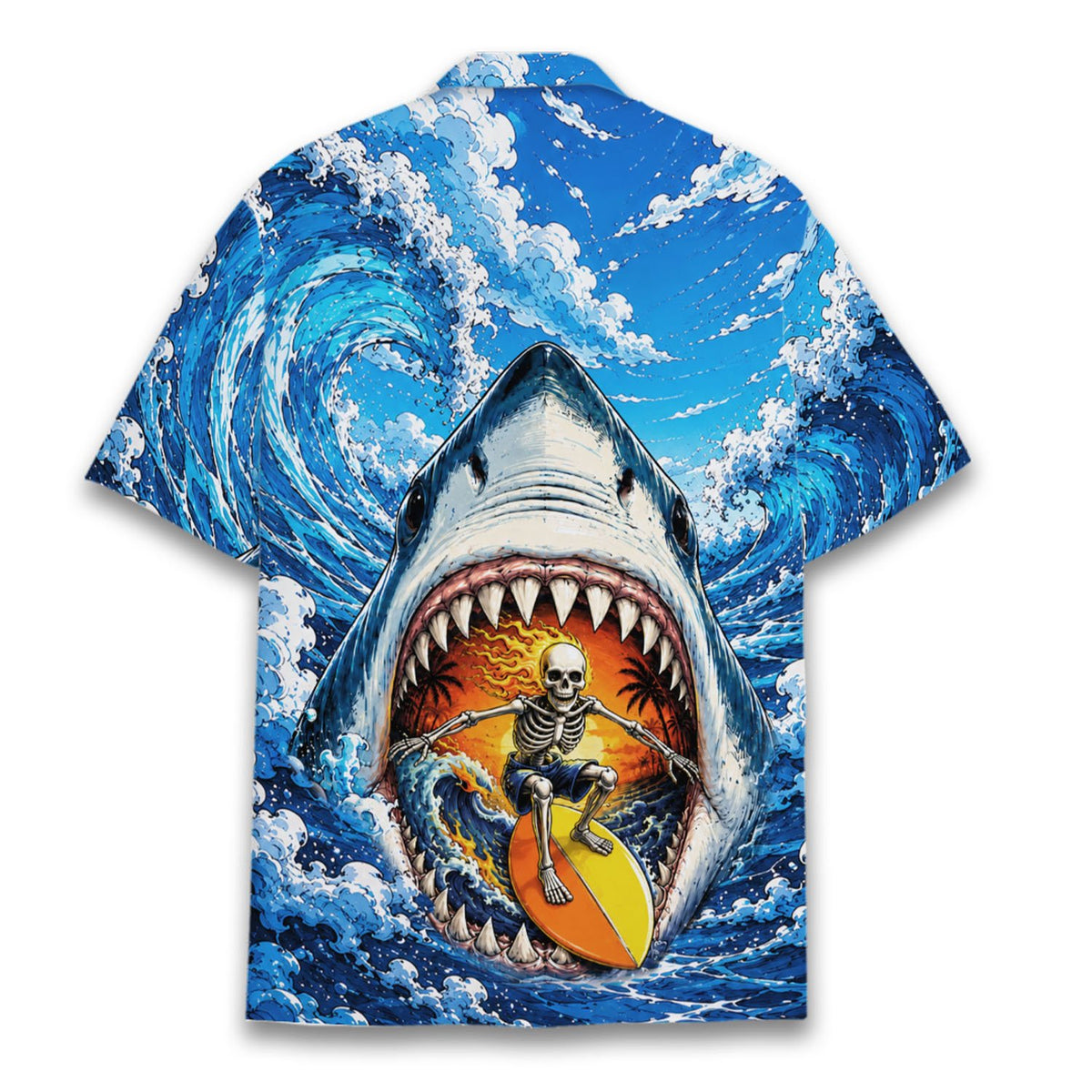 Front detail of the surfing skeleton hawaiian shirt