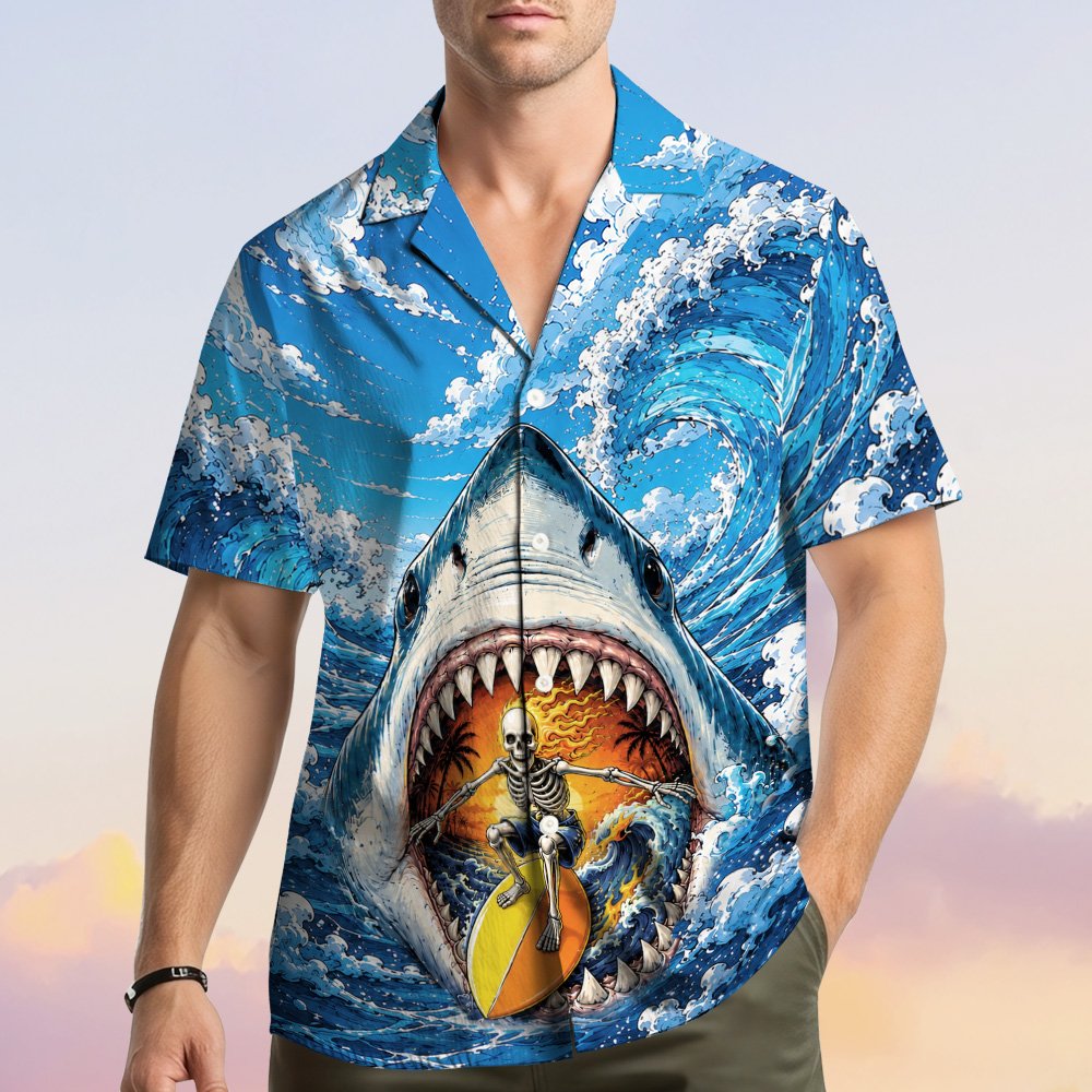 Another lifestyle view featuring the blue shark hawaiian shirt