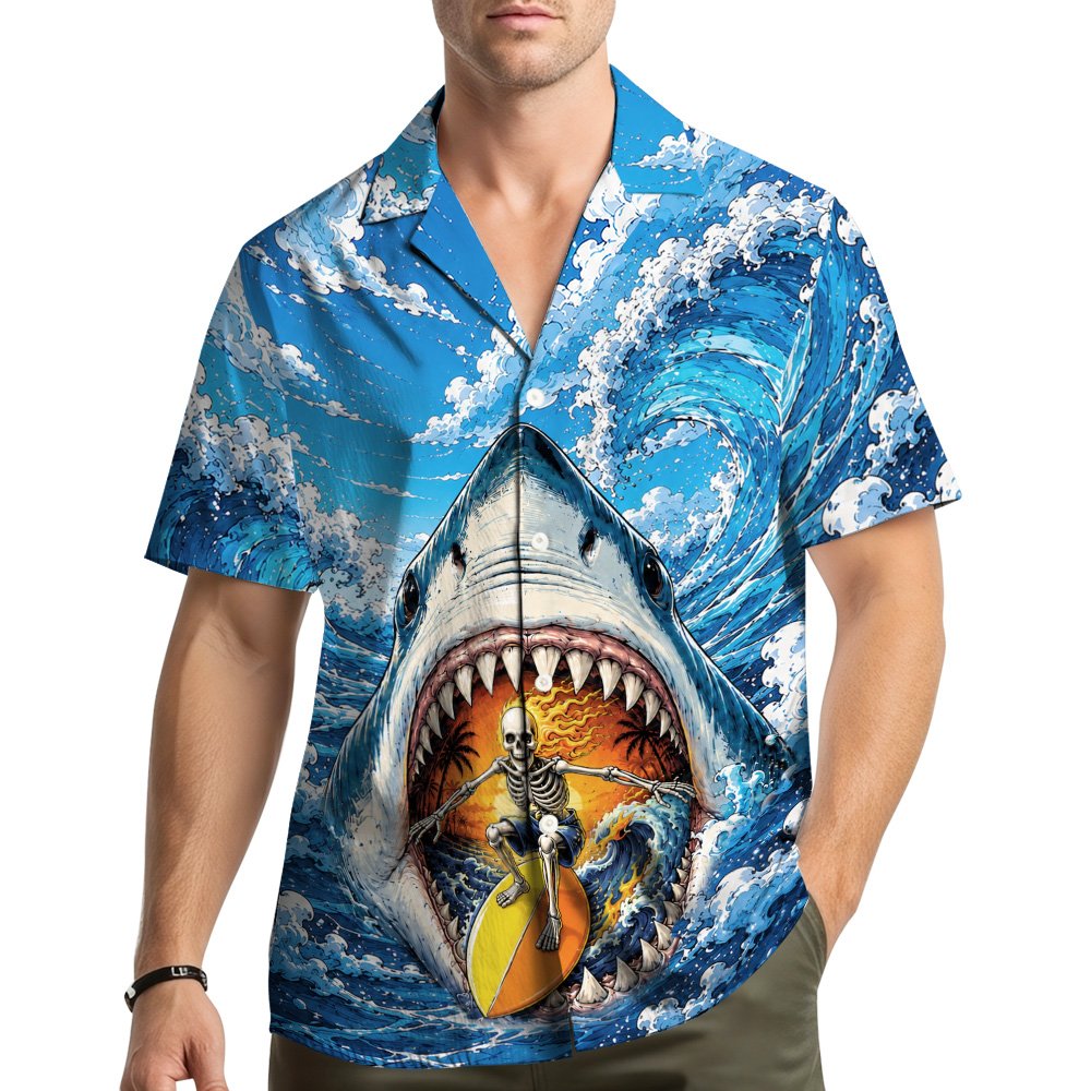 Lifestyle view of someone wearing the matching family hawaiian shirts