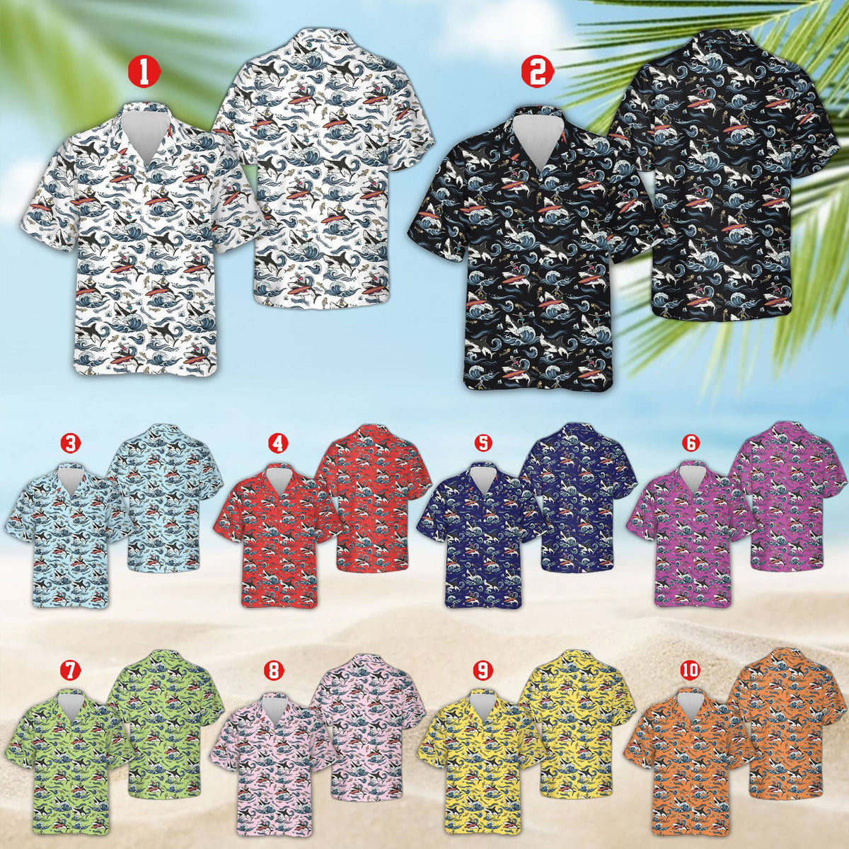 Multicolor shark hawaiian shirt, front view
