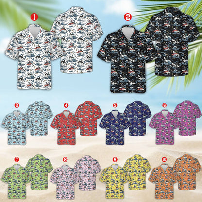 Multicolor shark hawaiian shirt, front view