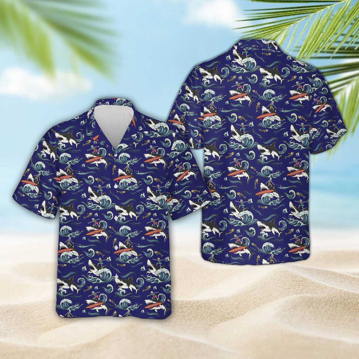 Matching family hawaiian shirt with shark surfing skeleton in navy, front view