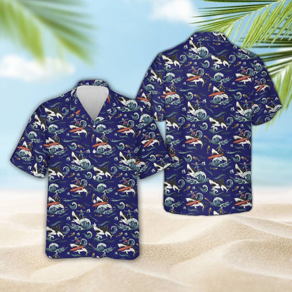 Matching family hawaiian shirt with shark surfing skeleton in navy, front view