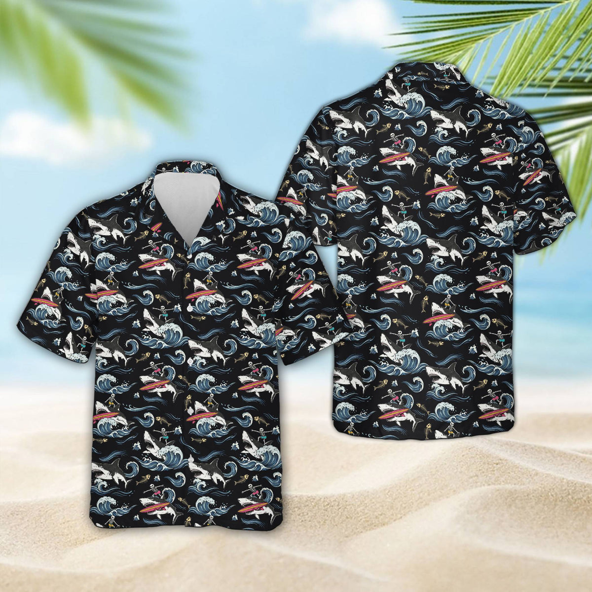 Matching family hawaiian shirt with shark surfing skeleton in orange, front view