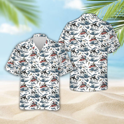 Matching family hawaiian shirt with shark surfing skeleton in pink, front view