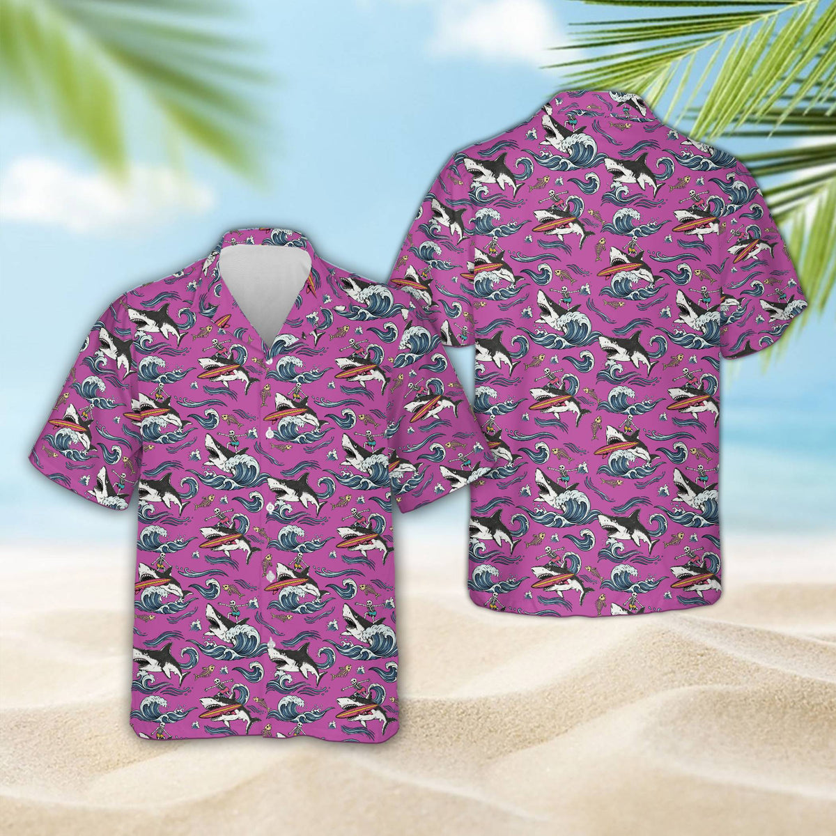 Matching family hawaiian shirt with shark surfing skeleton in purple, front view
