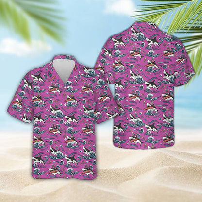 Matching family hawaiian shirt with shark surfing skeleton in purple, front view