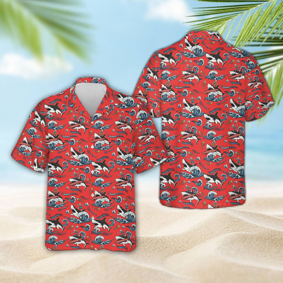 Matching family hawaiian shirt with shark surfing skeleton in red, front view