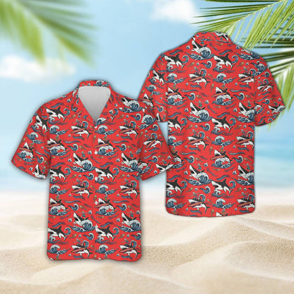 Matching family hawaiian shirt with shark surfing skeleton in red, front view