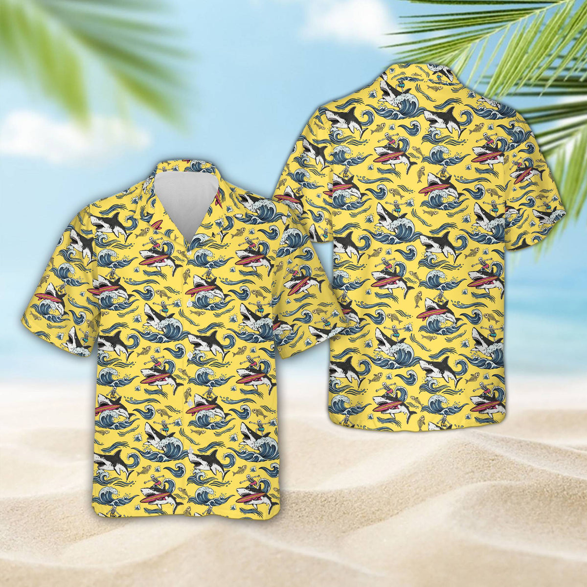 Matching family hawaiian shirt with shark surfing skeleton in white, front view