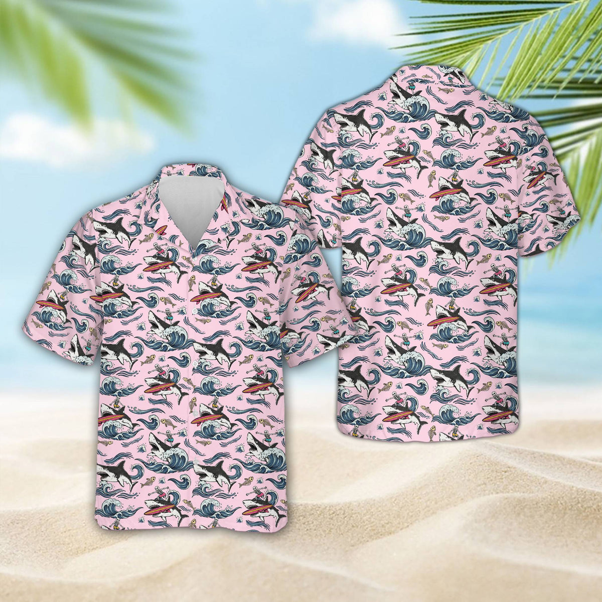 Matching family hawaiian shirt with shark surfing skeleton alternative white, front view