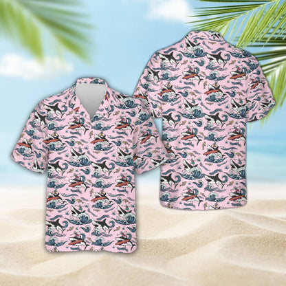 Matching family hawaiian shirt with shark surfing skeleton alternative white, front view