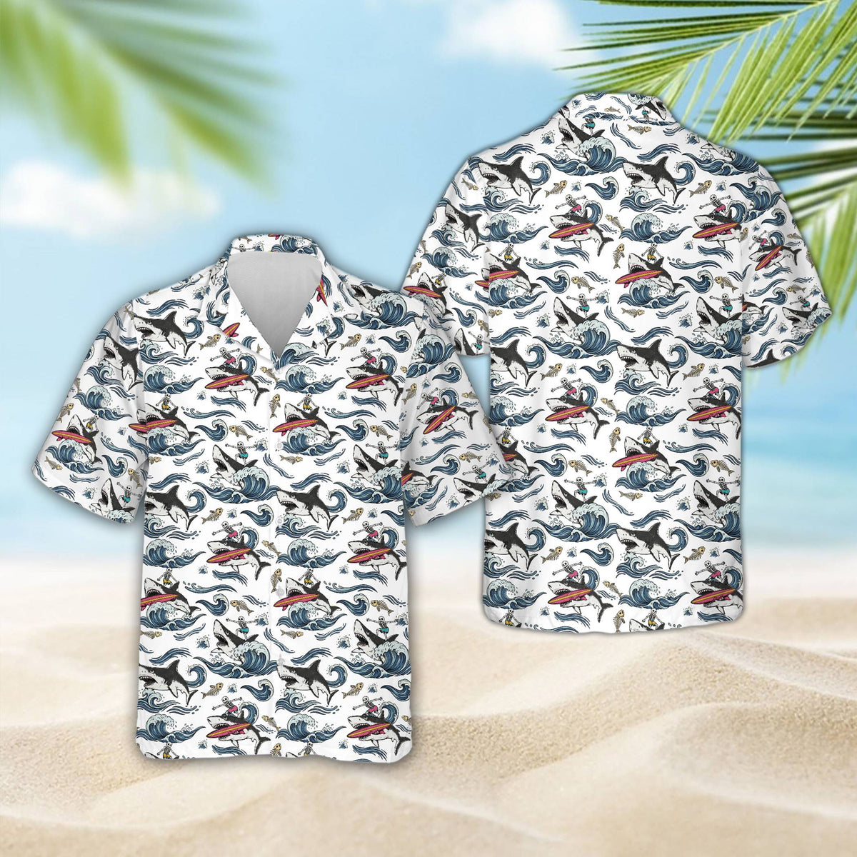 Matching family hawaiian shirt with shark surfing skeleton in yellow, front view