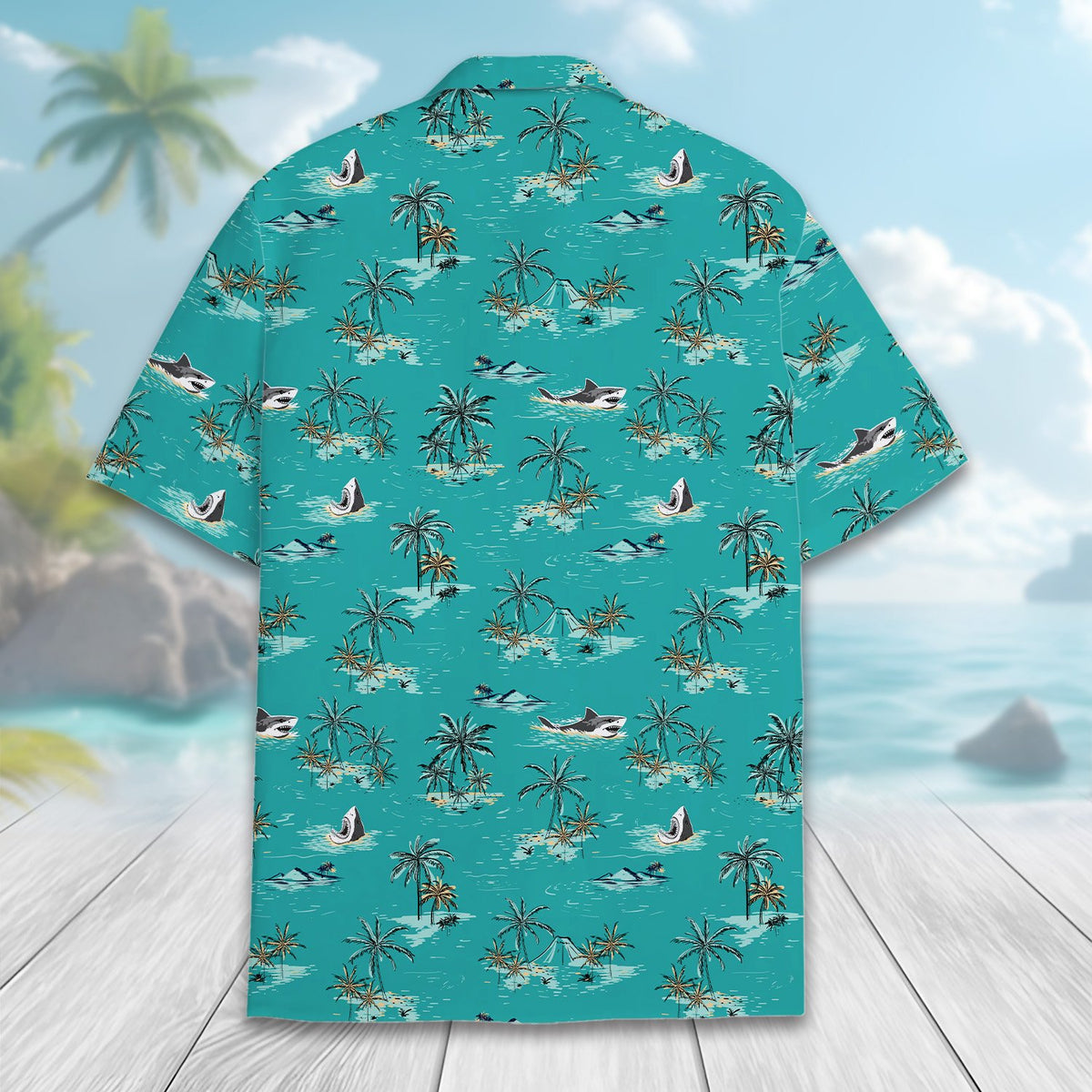 Shark tropical hawaiian shirt in teal, back view alternate