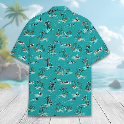 Shark tropical hawaiian shirt in teal, back view alternate