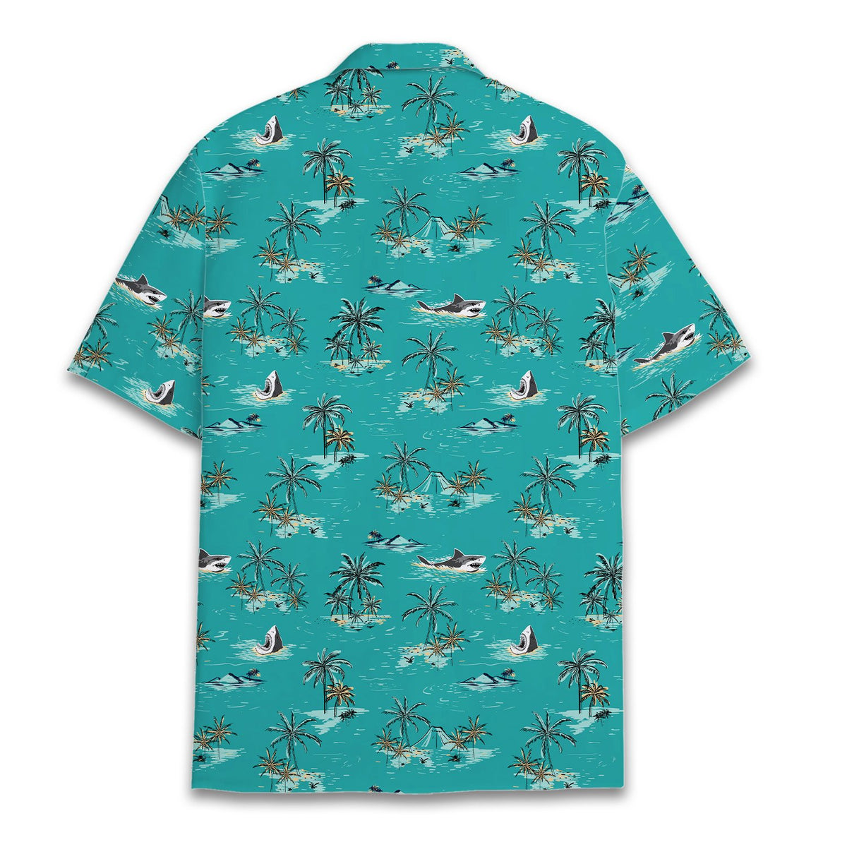 Shark tropical hawaiian shirt in teal, back view
