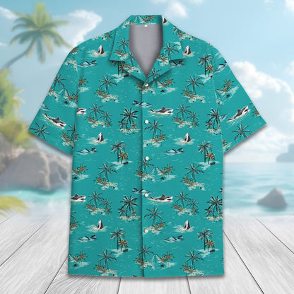 Shark tropical hawaiian shirt in teal, main view