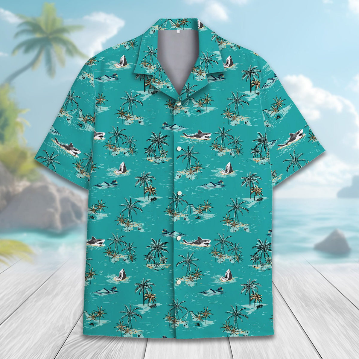 Shark tropical hawaiian shirt in teal, front view
