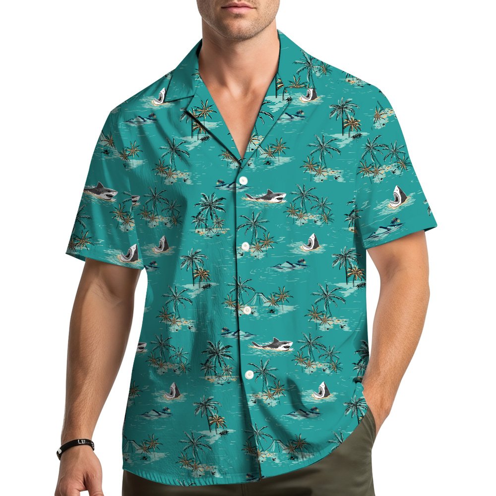 Lifestyle view of the adult shark tropical hawaiian shirt