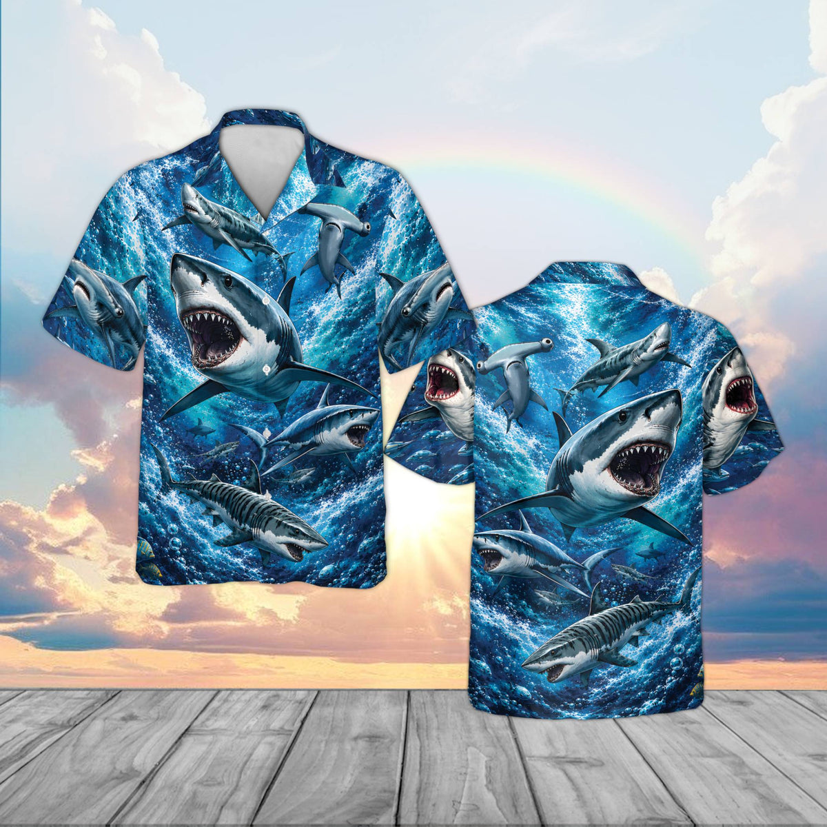 Matching family shark week hawaiian shirt featuring a realistic underwater ocean scene, main view