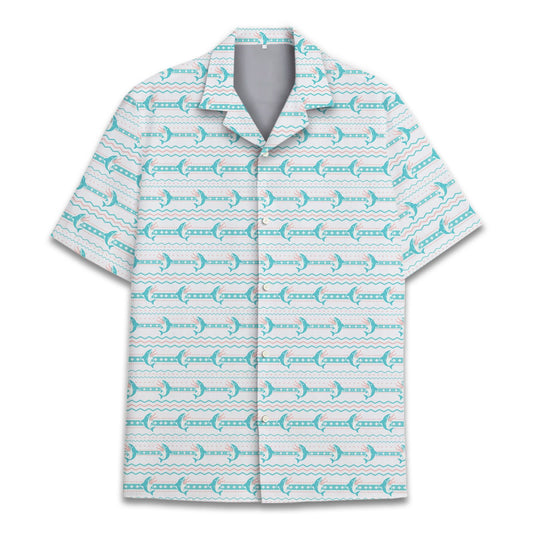 Front view of the white shark hawaiian shirt featuring teal sharks and pink zig-zag stripes