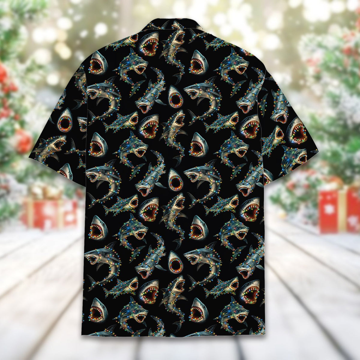 Detailed back view of the black holiday matching family Hawaiian shirt