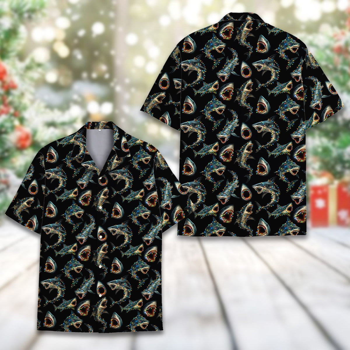 Front view of the black matching family Hawaiian shirt with holiday lights