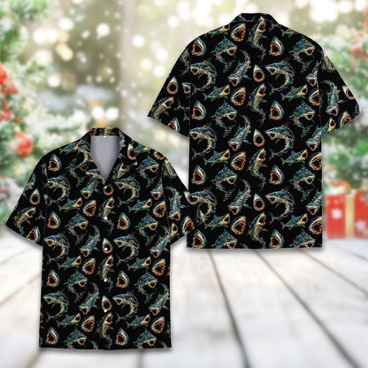 Front view of the black matching family Hawaiian shirt with holiday lights