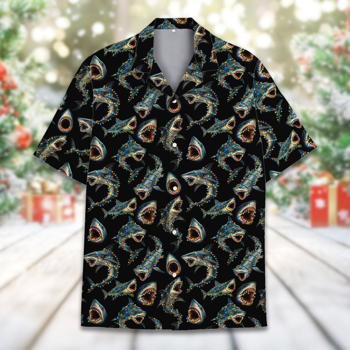 Close up front view of the holiday marine life matching family Hawaiian shirt