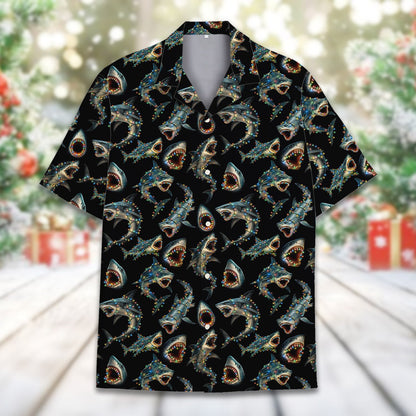 Close up front view of the holiday marine life matching family Hawaiian shirt