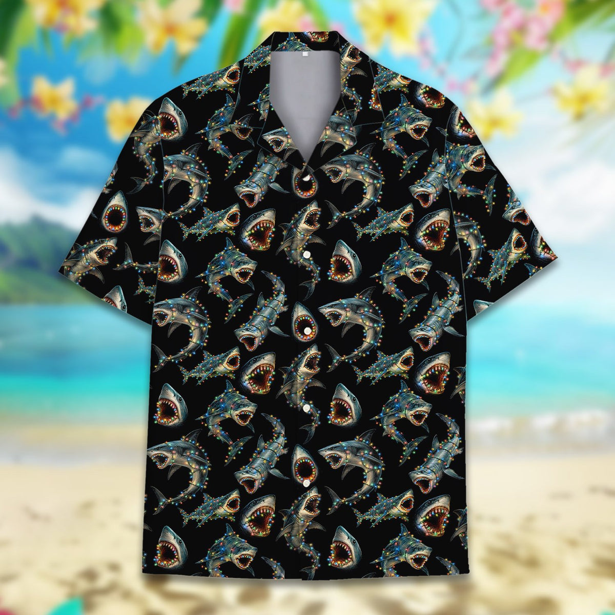 Detailed front view of the festive ocean creature matching family Hawaiian shirt