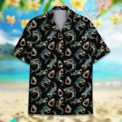Detailed front view of the festive ocean creature matching family Hawaiian shirt