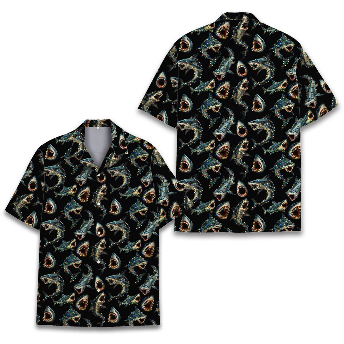 Black matching family Hawaiian shirt featuring festive ocean creatures, front view