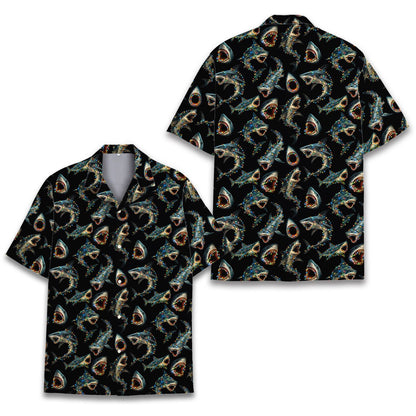 Black matching family Hawaiian shirt featuring festive ocean creatures, front view