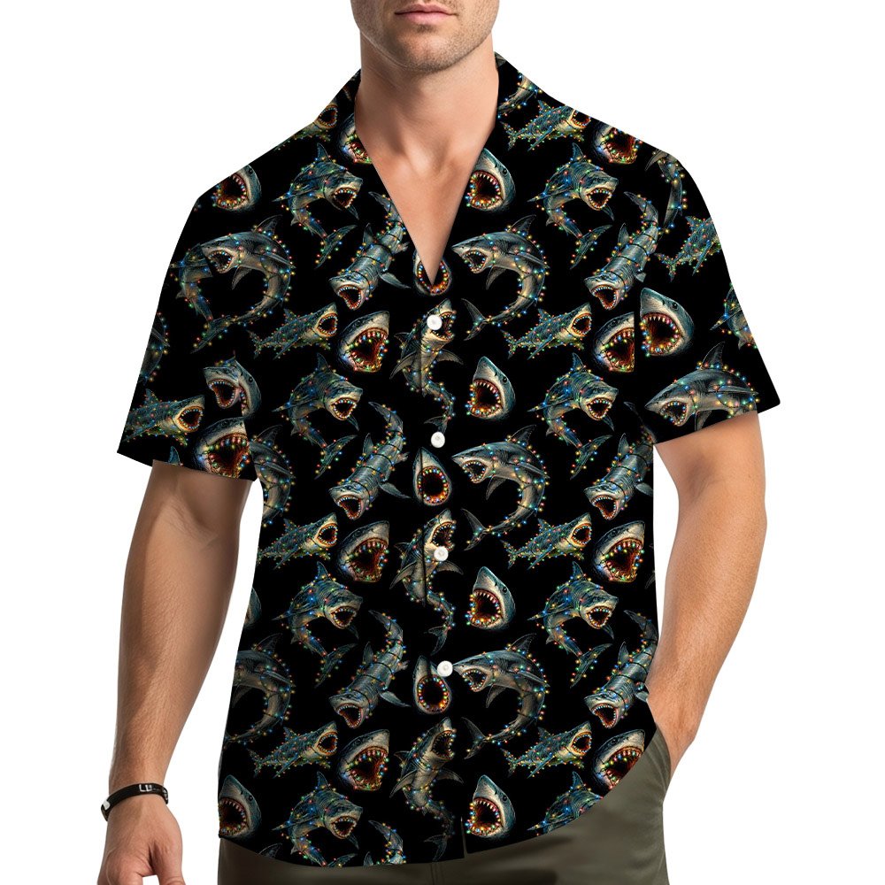 Lifestyle view of the holiday marine life matching family Hawaiian shirt in a festive setting