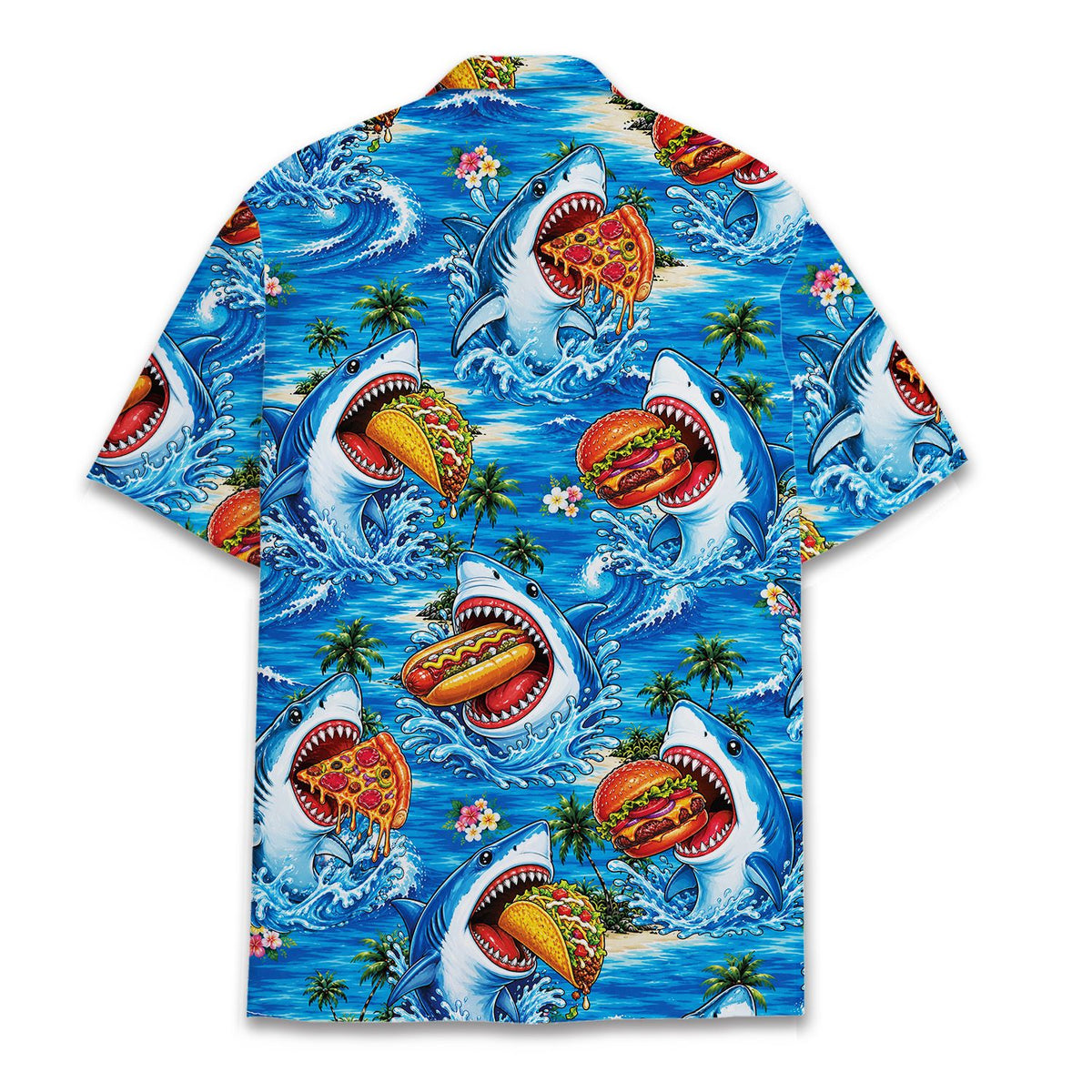 Back view of the matching family hawaiian shirt with ocean and shark design