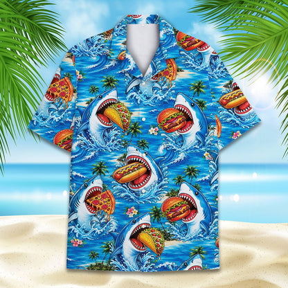 Close up front view of the sharks and fast food printed hawaiian shirt