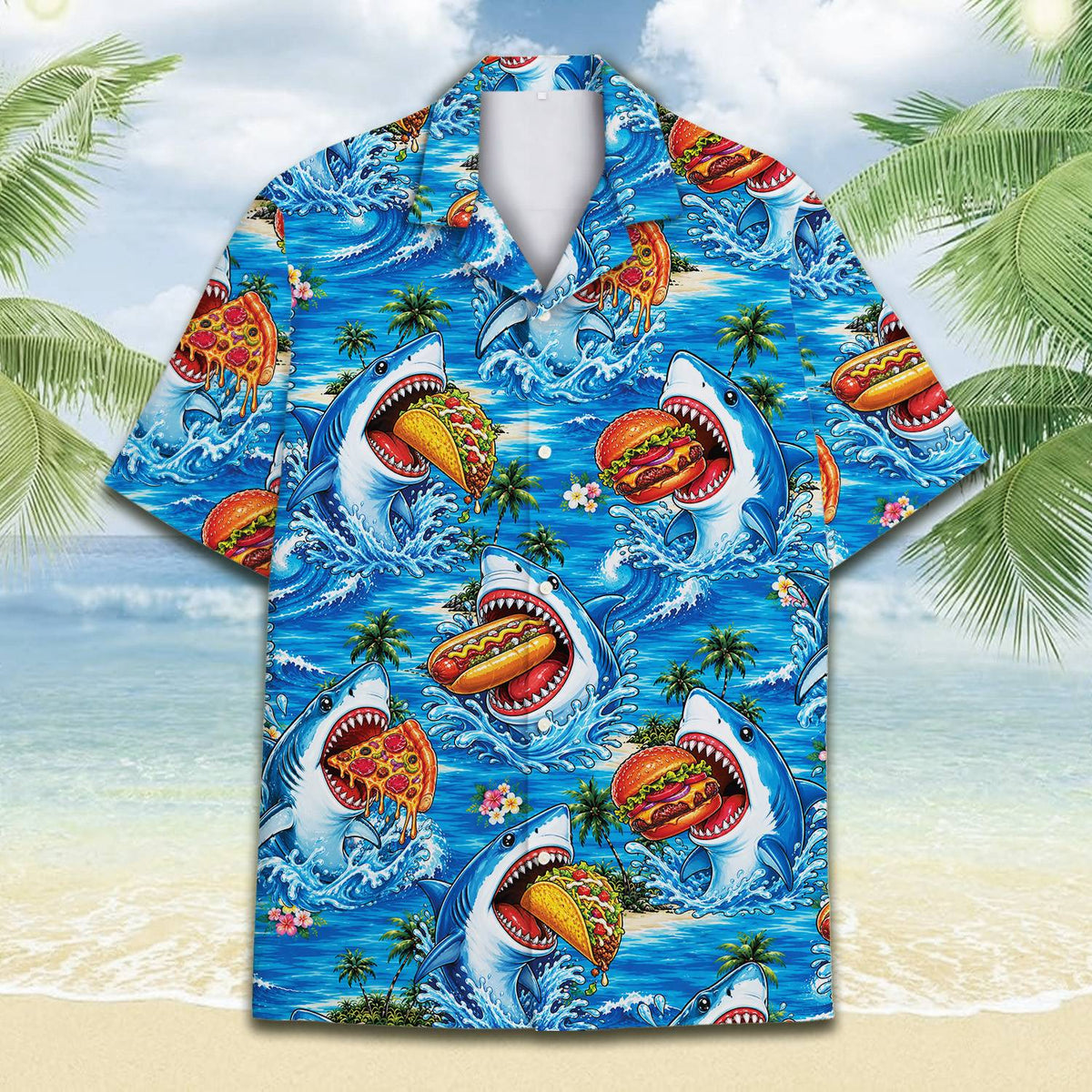 Detailed front view of the colorful fast hawaiian shirt