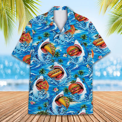 Front detail of the matching family hawaiian shirt with fast food sharks pattern