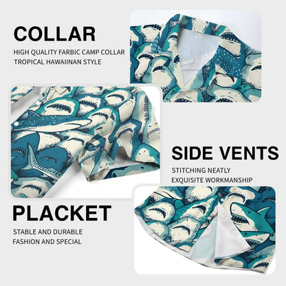 Close-up detail of the matching family Hawaiian shirts highlighting the hammerhead and great white sharks