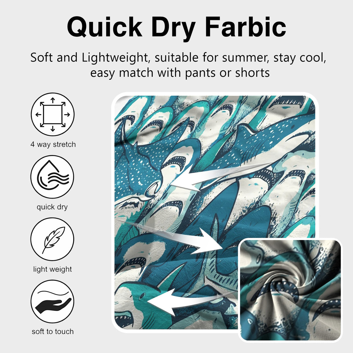 Detail view of the matching family Hawaiian shirts showing the teal and cream shark print
