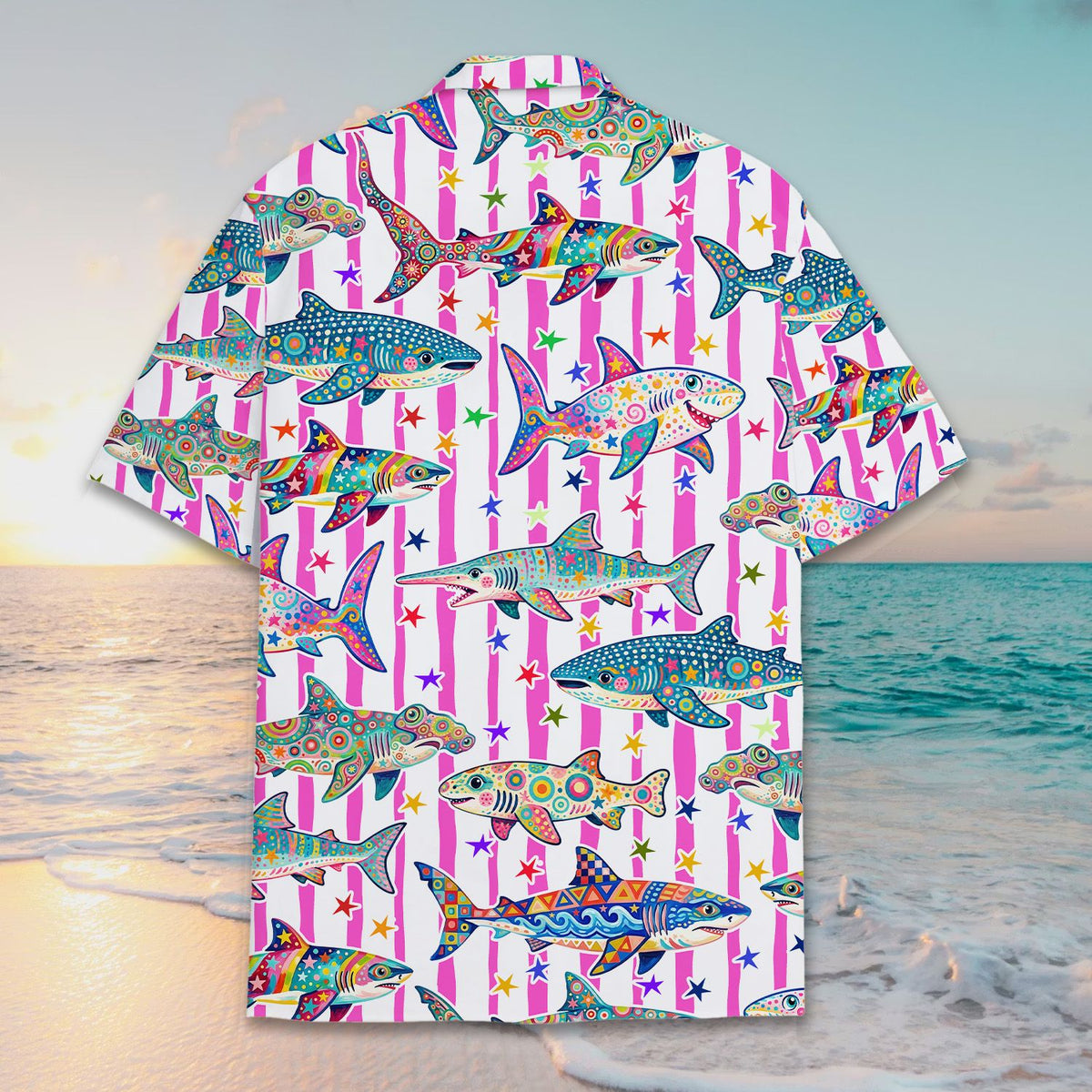 Second back view of the patterned shark hawaiian shirt